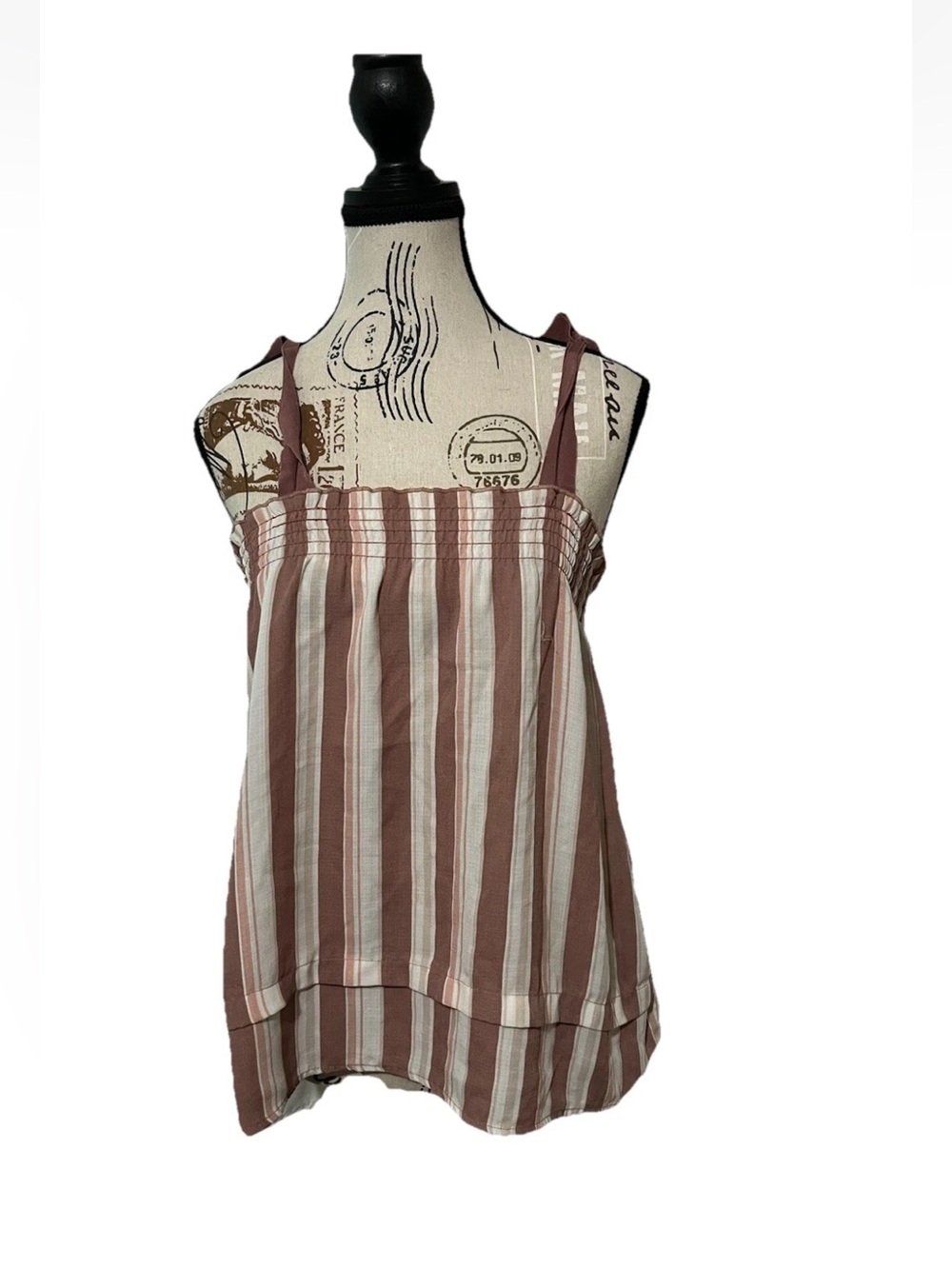 Bobeau Striped Tie Shoulder Tank Smock Blouse Pink Brown Cream Camisole Small